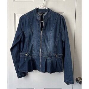 Baccini Blue Denim Jacket Womens Size M Ruffle  Zip Up